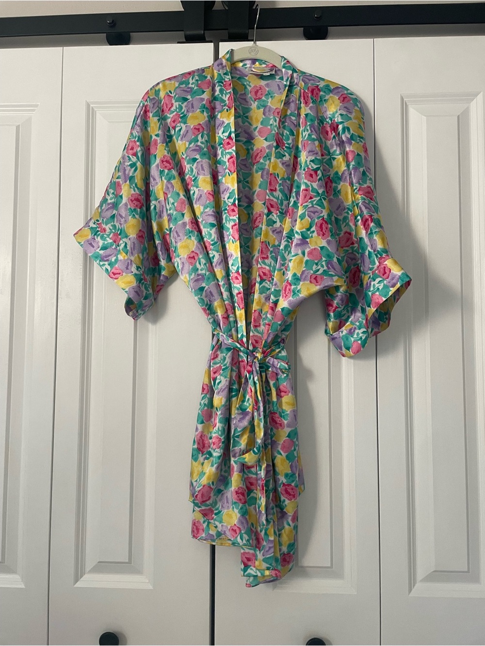 Floral Satin Kimono Robe in Pink, Yellow & Green